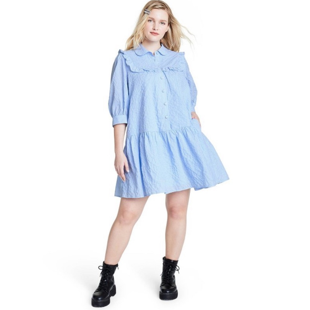 NWOT Sandy Liang Blue Gingham 3/4 Sleeve Dress - Picture 5 of 12